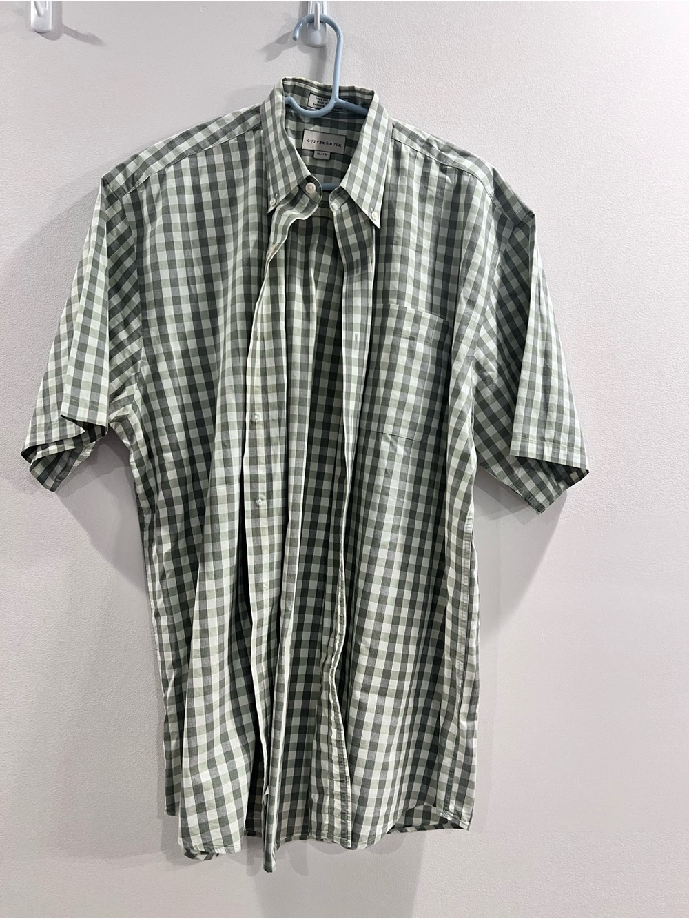 Cutter & Buck Short-Sleeve Green and White Gingham Button-Down Shirt